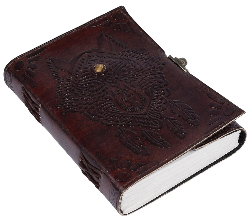CraftShades- Handmade Leather Diary Embossed with star, journey &amp; double wolf Diary with Antique Lock for Artist Sketchbook, Scrapbook, Drawing, Writing etc .Size 5 * 7 inch (WOLF WITH STONE)