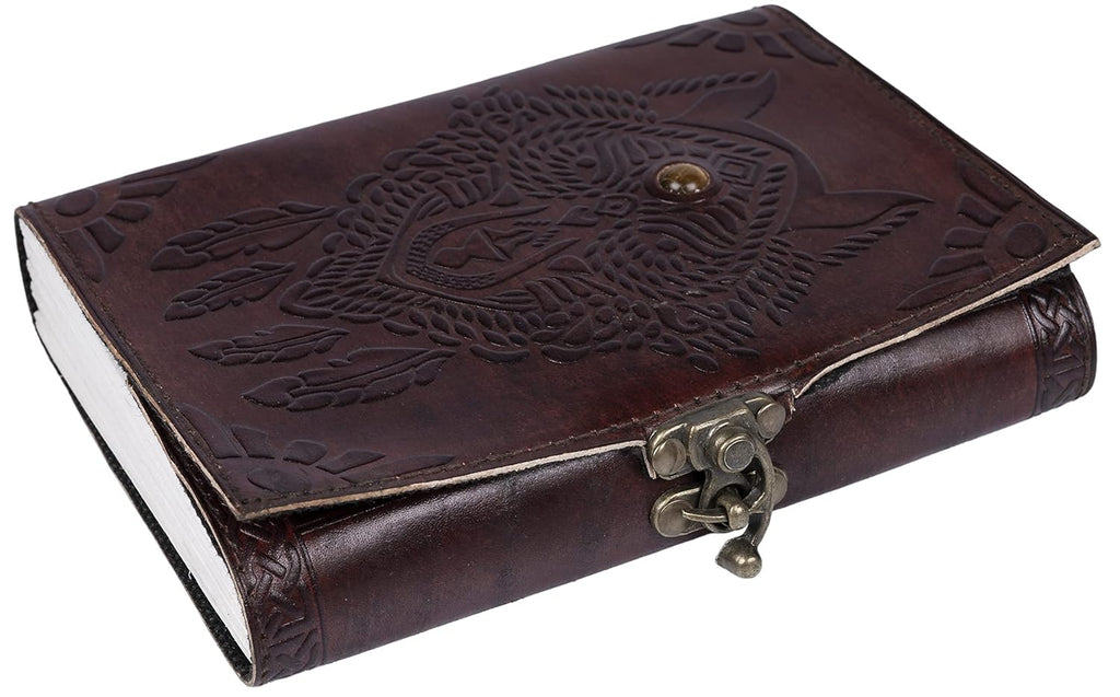CraftShades- Handmade Leather Diary Embossed with star, journey &amp; double wolf Diary with Antique Lock for Artist Sketchbook, Scrapbook, Drawing, Writing etc .Size 5 * 7 inch (WOLF WITH STONE)