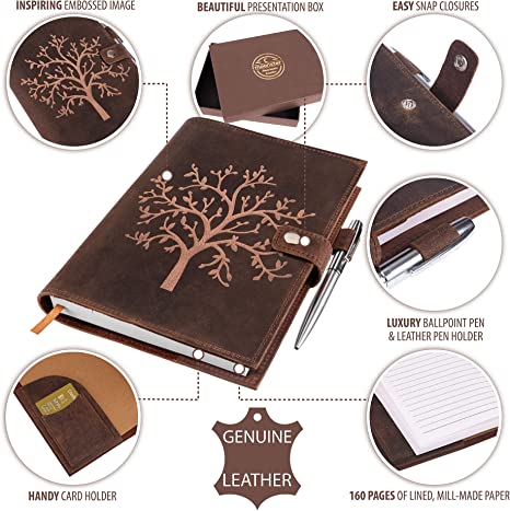 Craftshades Refillable Leather Journal Lined Notebook - Embossed Tree of Life, Handmade Genuine Leather Notebook for Men &amp; Women with Pen Holder