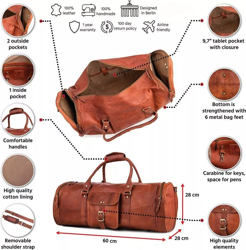 Craftshades Handmade 24” Leather Travel Bag