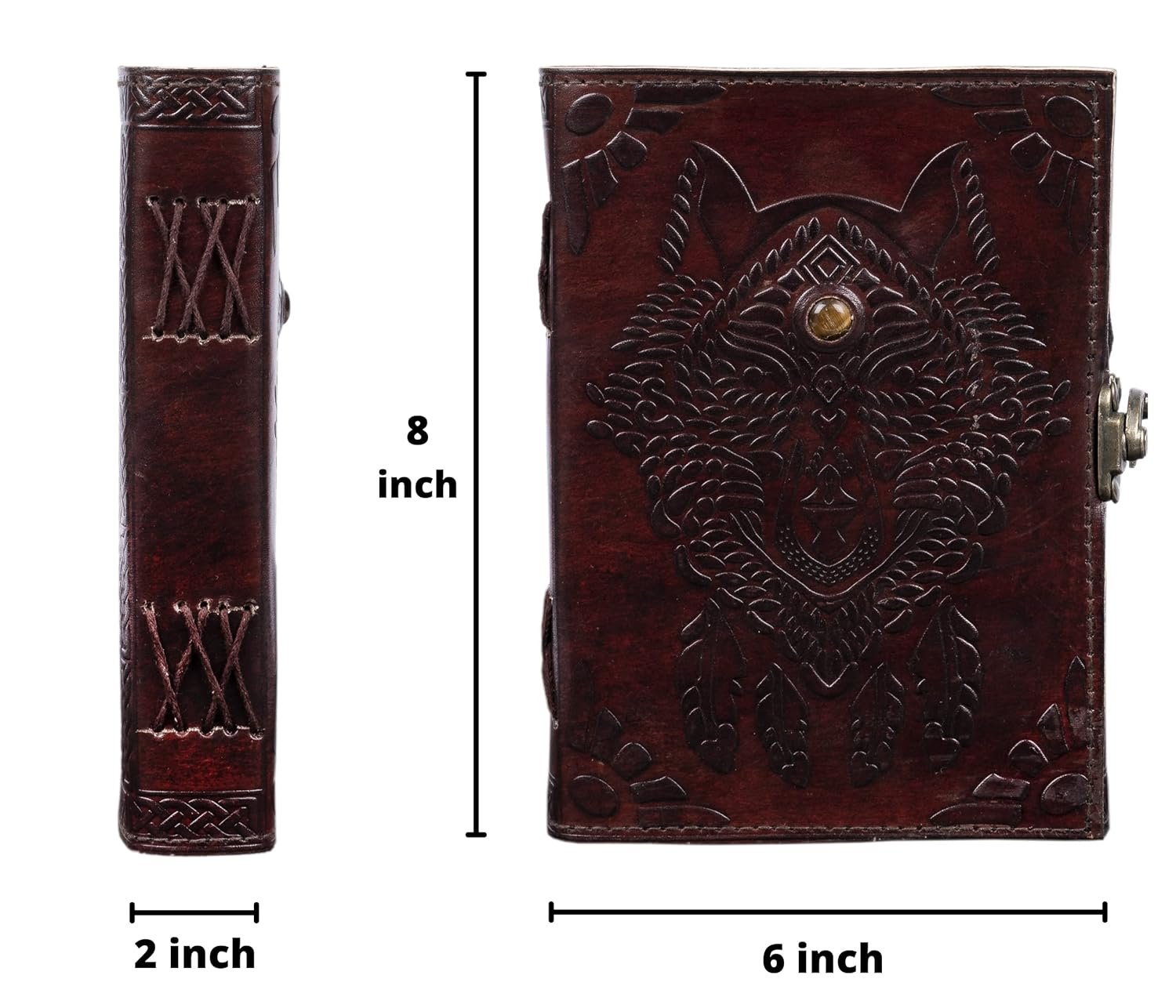CraftShades- Handmade Leather Diary Embossed with star, journey &amp; double wolf Diary with Antique Lock for Artist Sketchbook, Scrapbook, Drawing, Writing etc .Size 5 * 7 inch (WOLF WITH STONE)