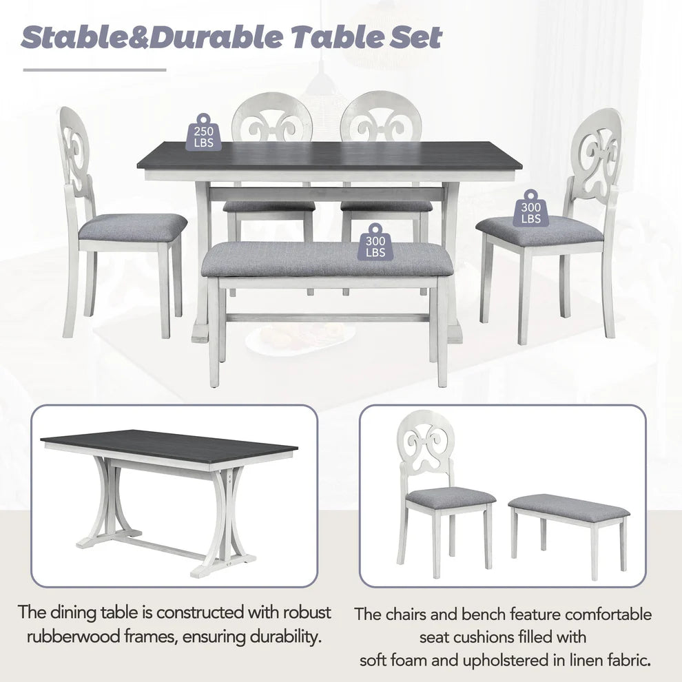 Mid-Century 6-Piece Trestle Dining Set with Victorian Upholstery
