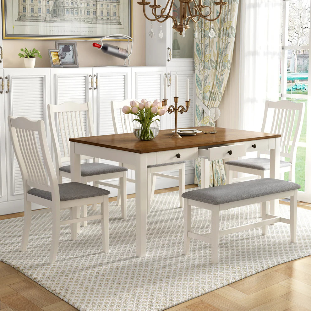 Mid-Century 6-Piece Wooden Dining Set with Storage Drawer