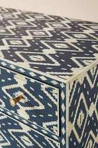 Bone Inlay Chest of 6 Drawers Ikat Design Table in Indigo Blue Color