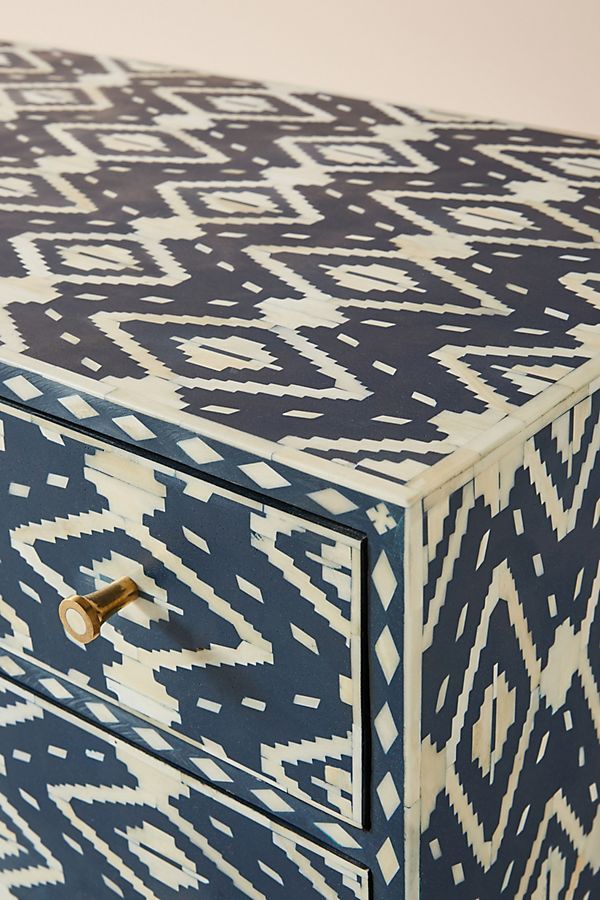 Bone Inlay Chest of 6 Drawers Ikat Design Table in Indigo Blue Color