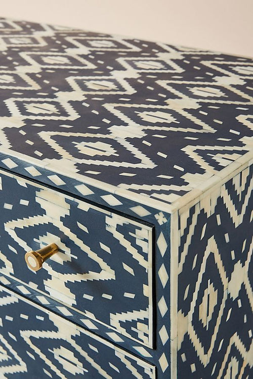 Bone Inlay Chest of 6 Drawers Ikat Design Table in Indigo Blue Color