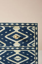 Bone Inlay Chest of 6 Drawers Ikat Design Table in Indigo Blue Color