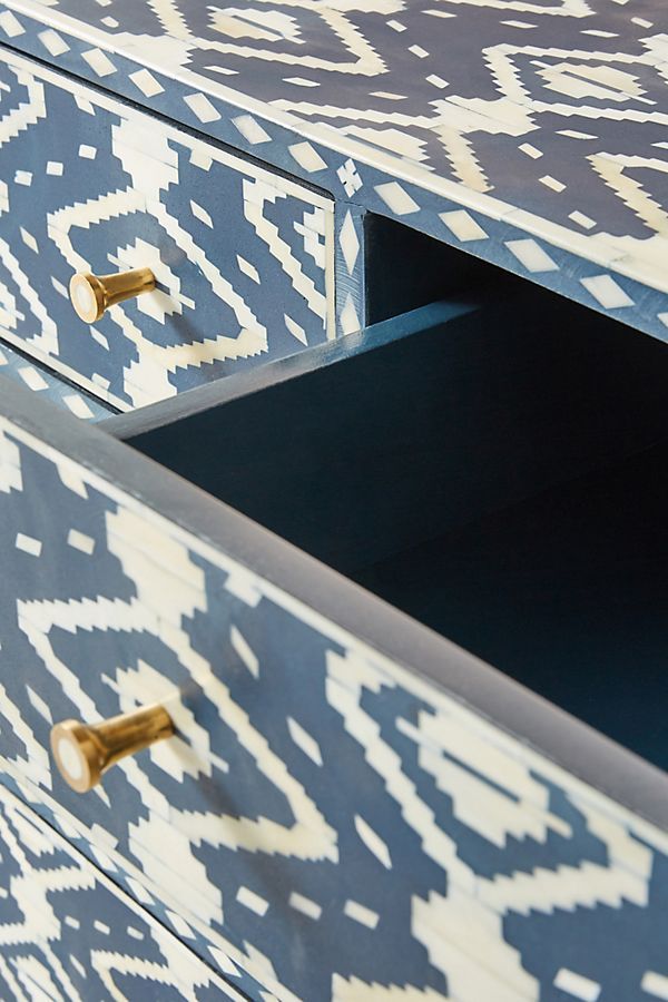 Bone Inlay Chest of 6 Drawers Ikat Design Table in Indigo Blue Color