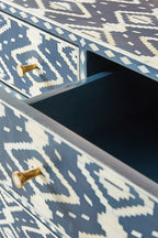 Bone Inlay Chest of 6 Drawers Ikat Design Table in Indigo Blue Color