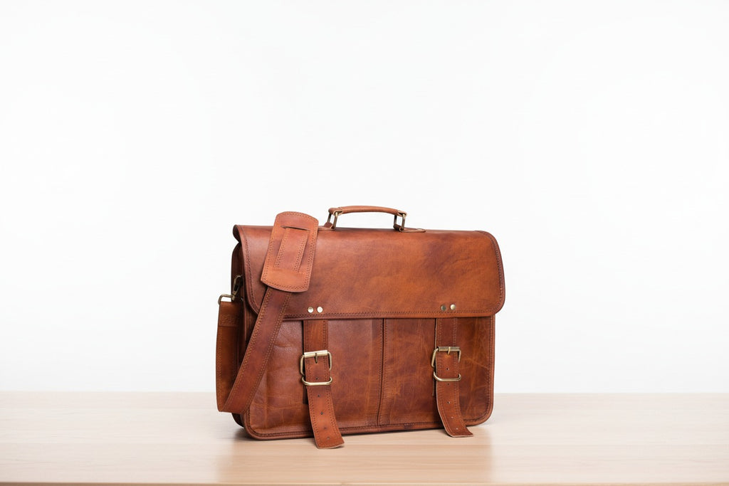 Craftshades – 15 Inch Double Strip Handcrafted Messenger Goat Leather Bag (Brown) | 100% Genuine Leather