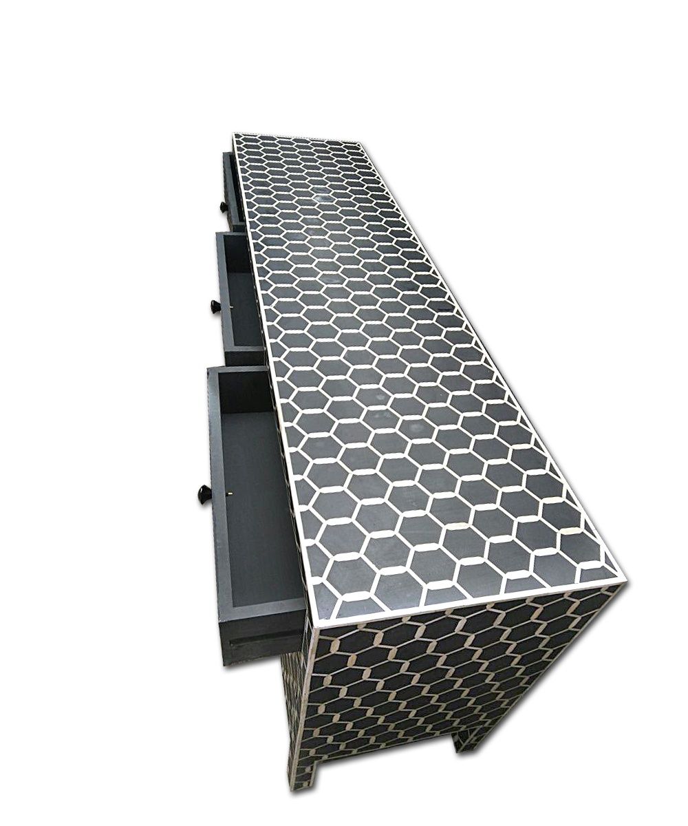 Bone Inlay Chest of 9 Drawers Honeycomb Design in Black Col