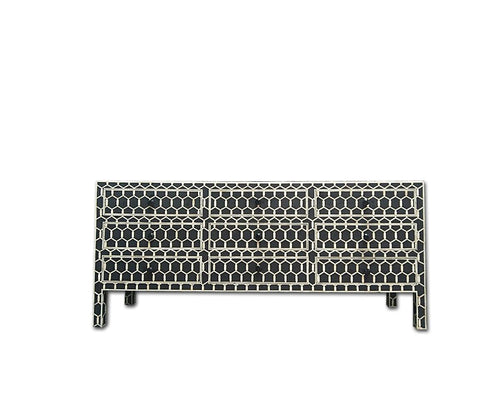 Bone Inlay Chest of 9 Drawers Honeycomb Design in Black Col