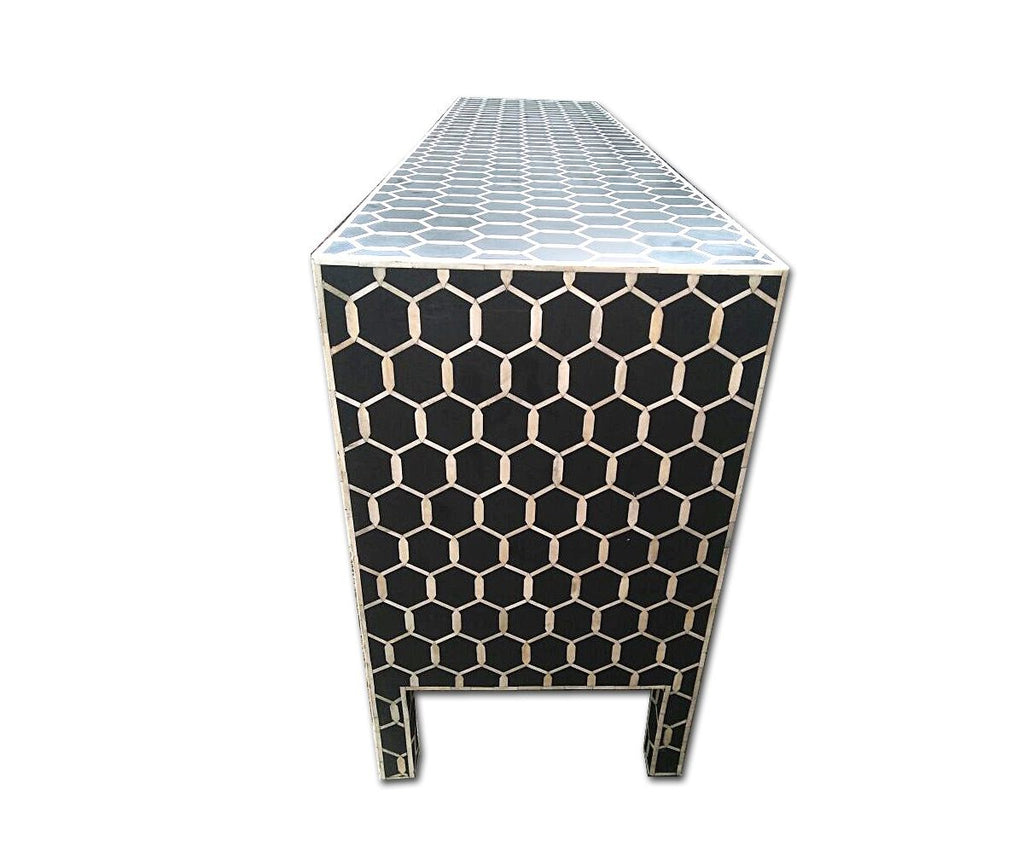 Bone Inlay Chest of 9 Drawers Honeycomb Design in Black Col