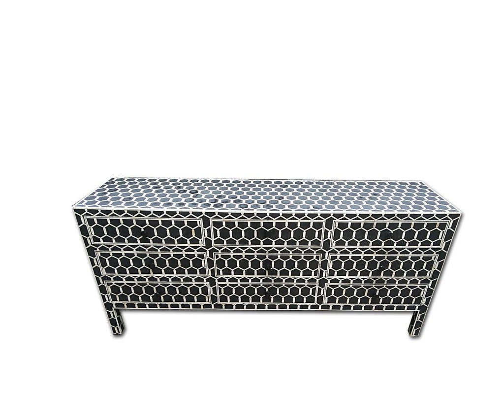 Bone Inlay Chest of 9 Drawers Honeycomb Design in Black Col