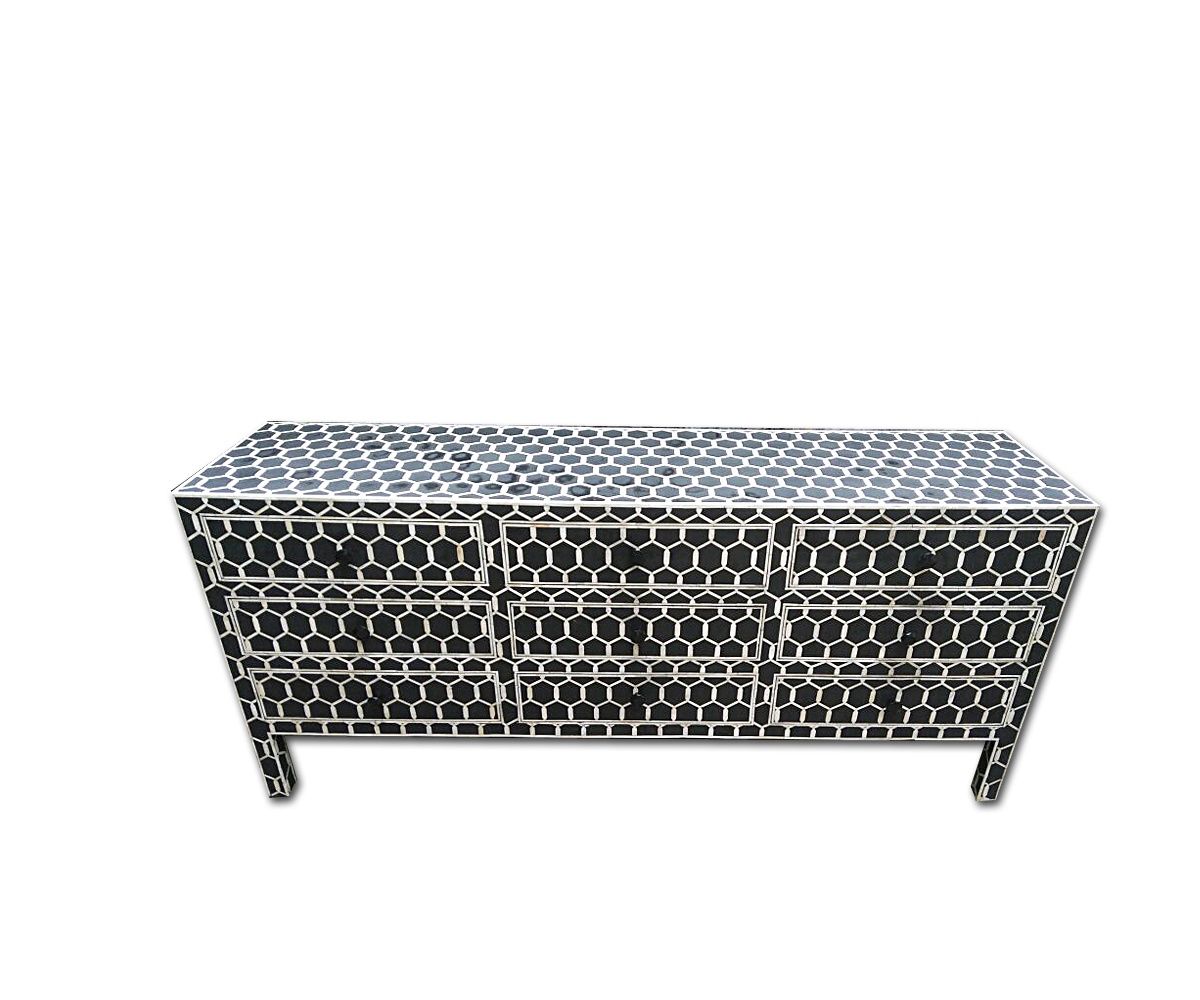 Bone Inlay Chest of 9 Drawers Honeycomb Design in Black Col