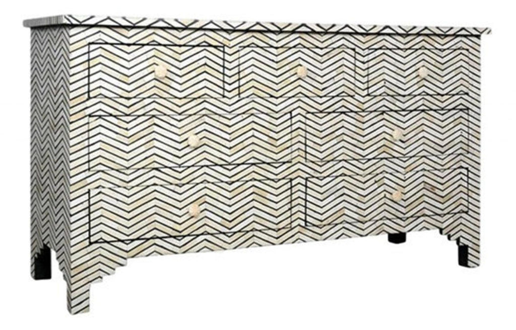 Bone Inlay Chest of 7 Drawers Chevron Design in Grey Color