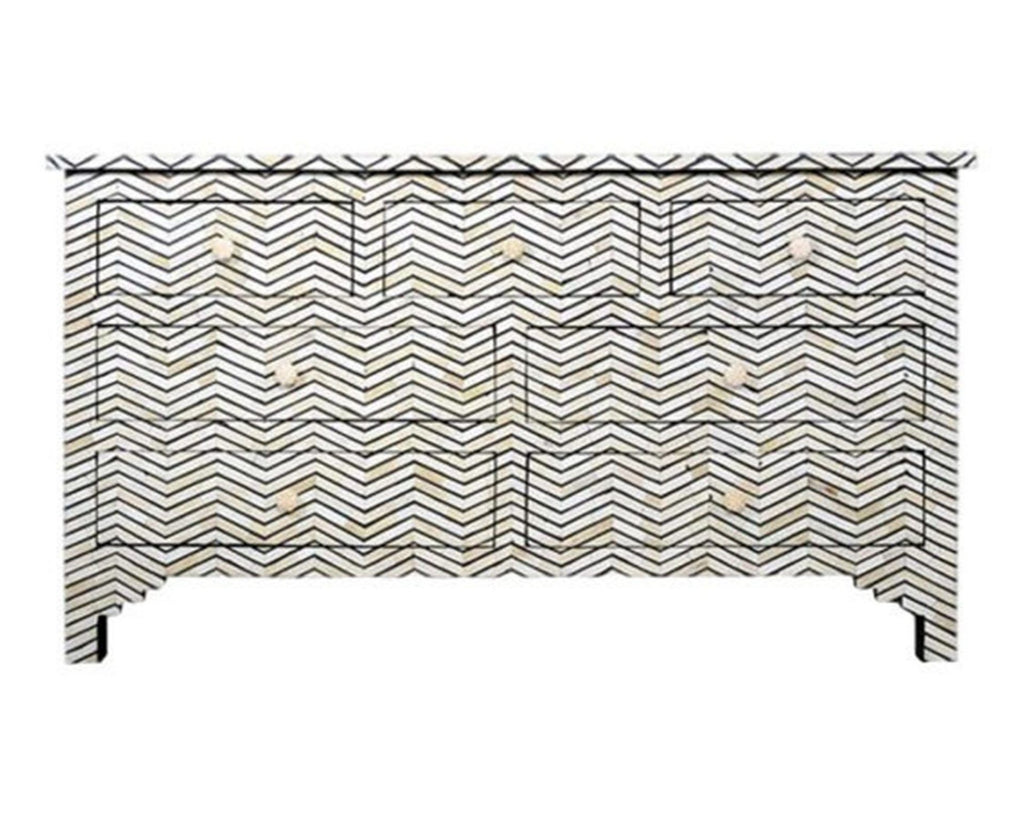 Bone Inlay Chest of 7 Drawers Chevron Design in Grey Color