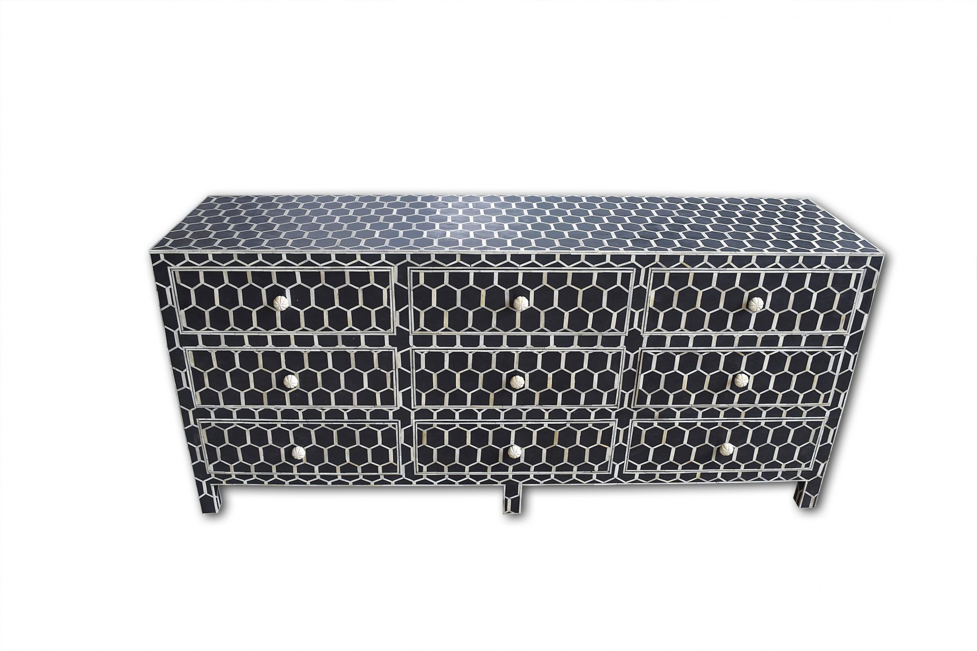 Bone Inlay Chest of 9 Drawers Honeycomb Design in Black Col