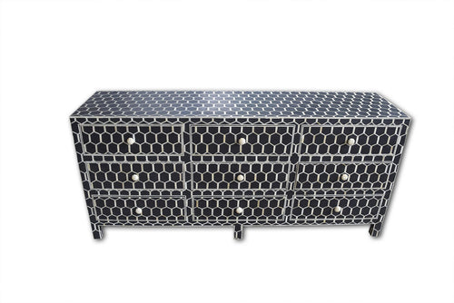 Bone Inlay Chest of 9 Drawers Honeycomb Design in Black Col