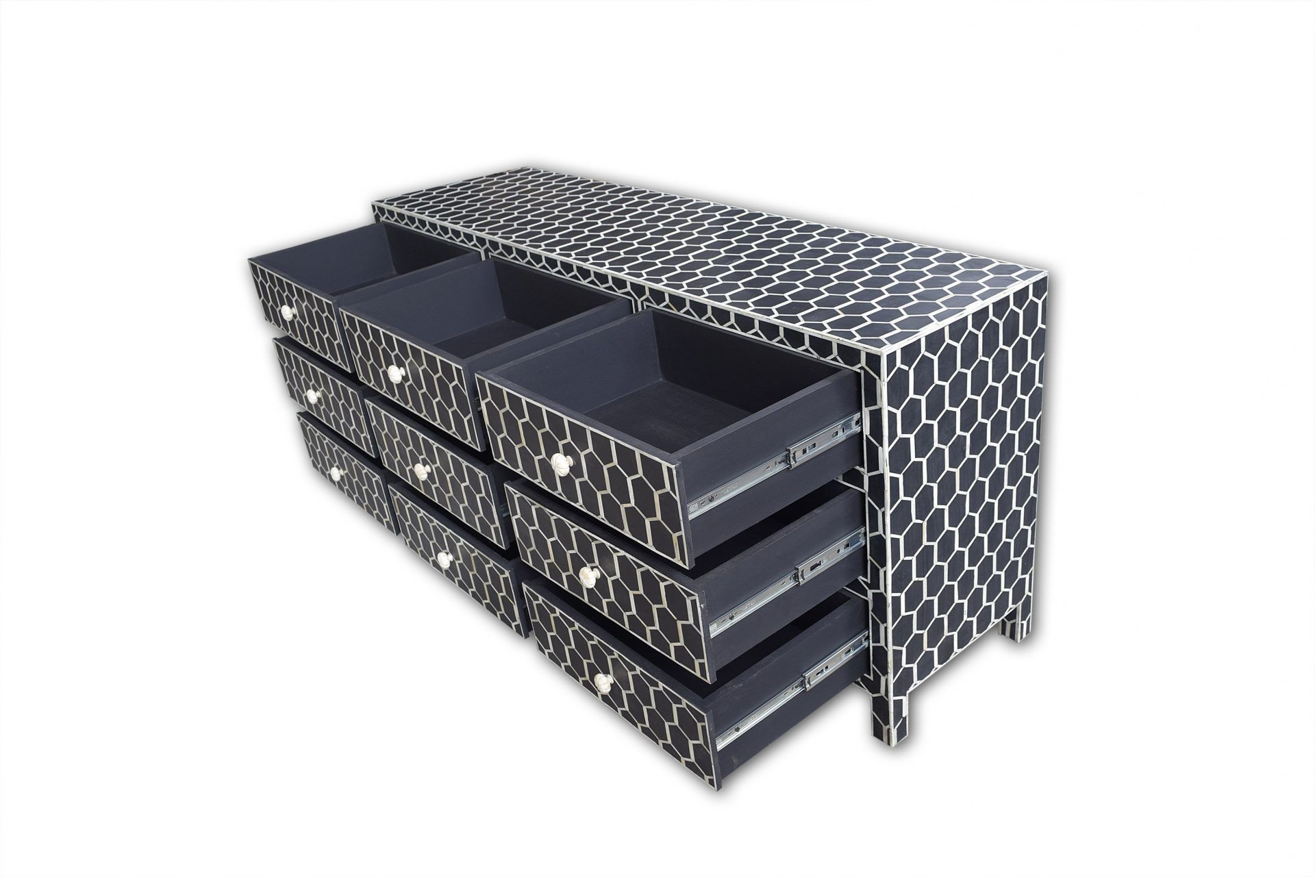 Bone Inlay Chest of 9 Drawers Honeycomb Design in Black Col