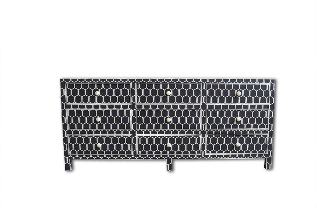 Bone Inlay Chest of 9 Drawers Honeycomb Design in Black Col