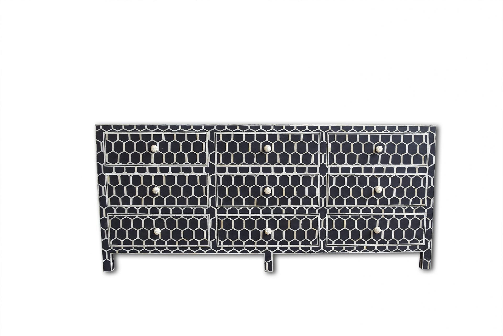 Bone Inlay Chest of 9 Drawers Honeycomb Design in Black Col
