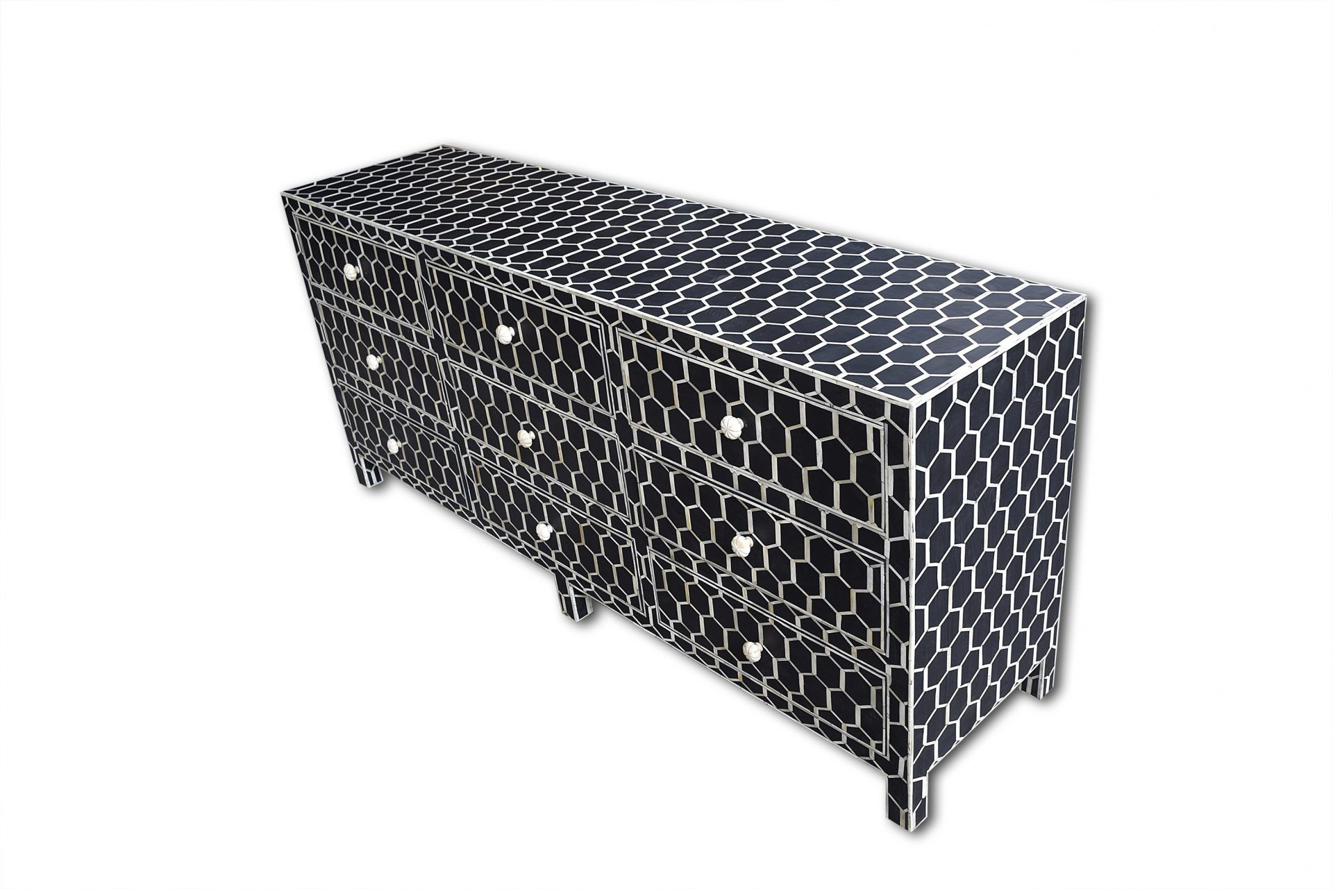 Bone Inlay Chest of 9 Drawers Honeycomb Design in Black Col