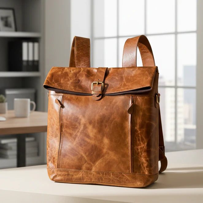 Becko Full Grain Leather Rolltop Backpack – Classic Black Urban Style