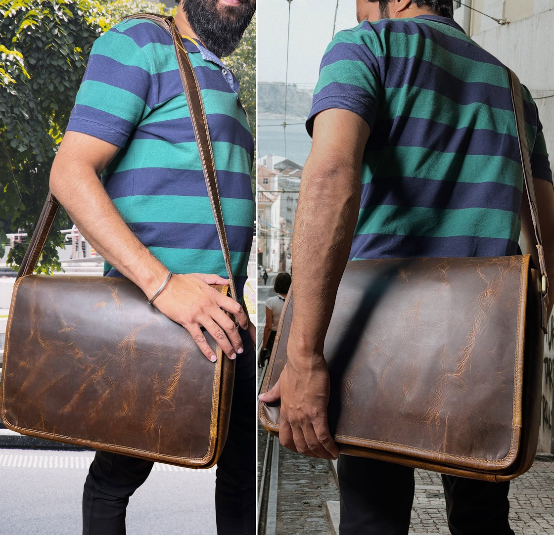 Craftshades Leather Men Laptop Messenger Full Flap Messenger Briefcase Bag 16 inch