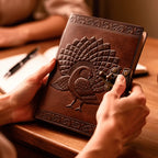 Handcrafted Leather Journal – Peacock Engraved, Lock (7x5", Brown)