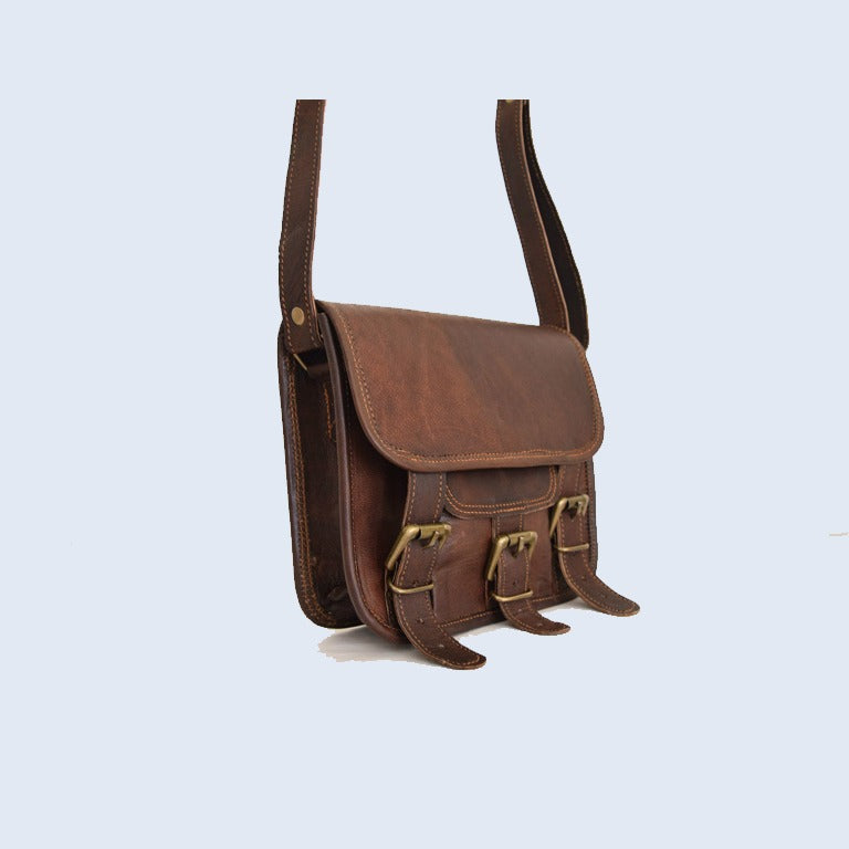 Craftshades – 13 Inch Single Pocket Double Strip Handcrafted Satchel Goat Leather Bag | 100% Genuine Leather