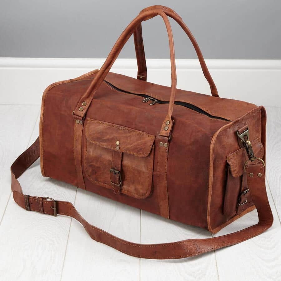 Craftshades -  20 inch 3 Outer Pockets (Expandable) Edge Handcrafted Duffle Goat Leather Bag | 100% Genuine Leather