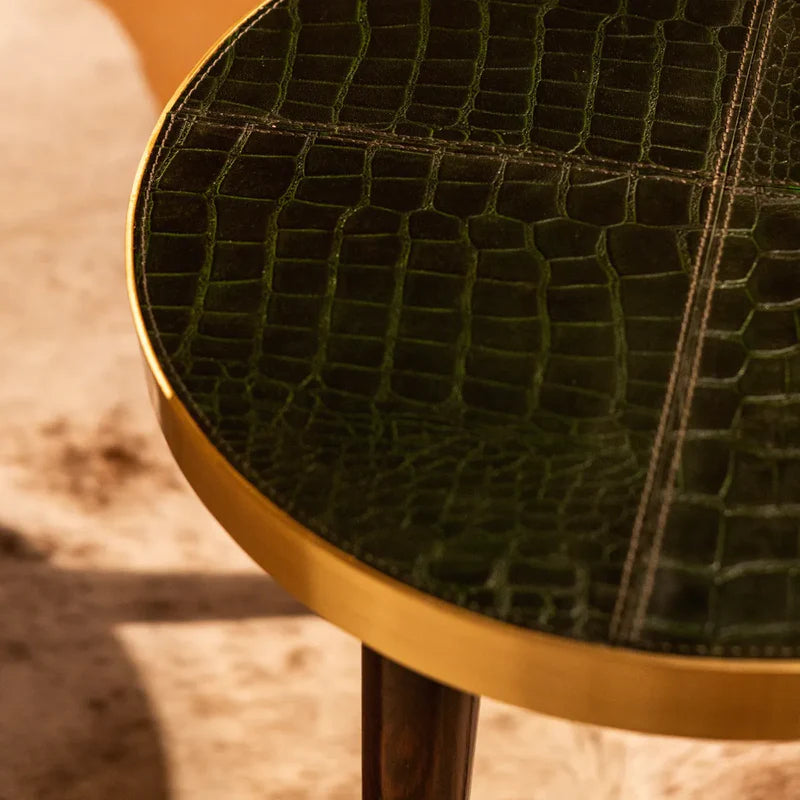 Embossed Green Leather Round Side Table