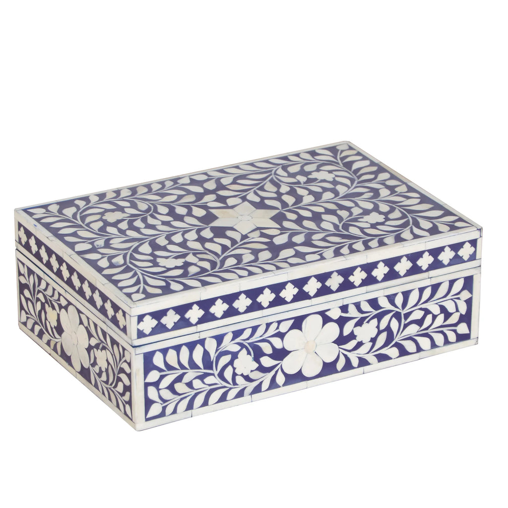 Handcrafted Bone Inlay Storage Box – Indigo Blue Floral