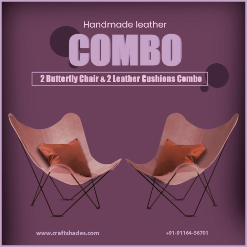 Handmade leather 2 Butterfly Chair &amp; 2 Leather Cushions Combo