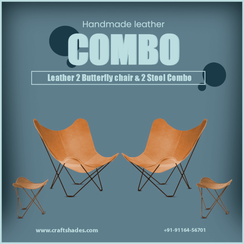 Handmade Leather 2 Butterfly chair &amp; 2 Stool Combo
