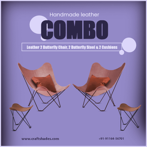 Handmade Leather 2 Butterfly Chair, 2 Butterfly Stool &amp; 2 Cushions