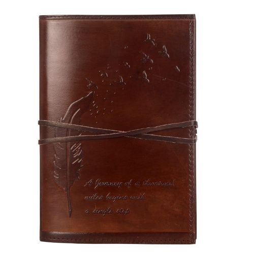 CraftShades - Refillable Leather Diary - Feather with Birds, Leaf of Tree Embossed with Quote 125 GSM Plain 200 Papers Notepad for Men and Women - Size 6 x 8.5 Inch (Leaf Embossed)