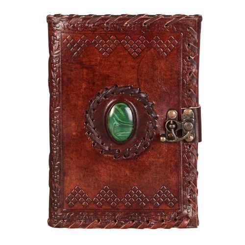 CraftShades - Leather Diary with Antique Green Stone Handmade Leather Bound Diary for Men and Women Unlined 5×7 inches Size 200 Pages Travel Diary with Antique Lock Best Choice of Gift for Raksha Bandhan Day (Green Stone)
