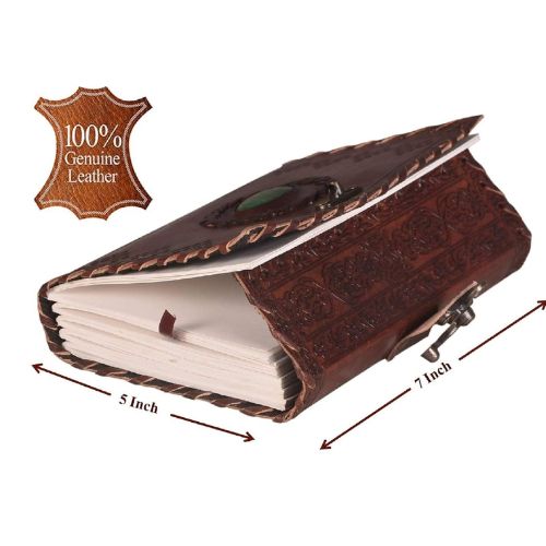 CraftShades - Leather Diary with Antique Green Stone Handmade Leather Bound Diary for Men and Women Unlined 5×7 inches Size 200 Pages Travel Diary with Antique Lock Best Choice of Gift for Raksha Bandhan Day (Green Stone)