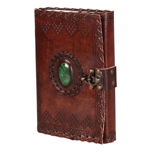 CraftShades - Leather Diary with Antique Green Stone Handmade Leather Bound Diary for Men and Women Unlined 5×7 inches Size 200 Pages Travel Diary with Antique Lock Best Choice of Gift for Raksha Bandhan Day (Green Stone)