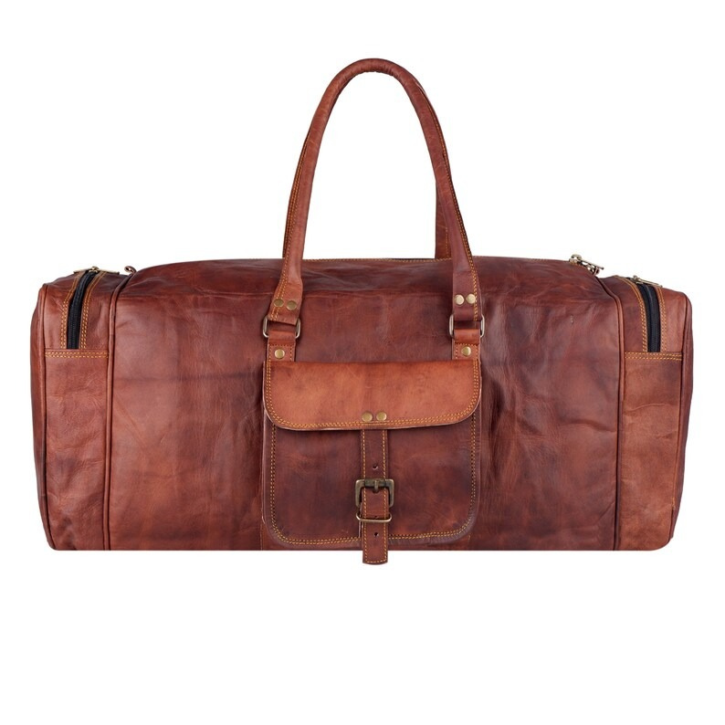 Craftshades - 20 Inch 3 Outer Pockets (Expandable) Edge Handcrafted Duffle Goat Leather Bag | 100% Genuine Leather