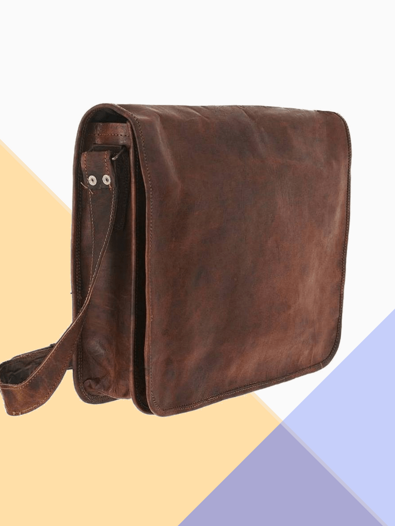 Craftshades – 16"12 Dark Brown Vintage Handcrafted Leather Laptop Bag without Pocket | 100% Genuine Leather
