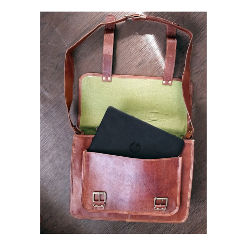 Craftshades – 11*15 Inch | Double Strip Handcrafted Messenger goat Leather Bag (Brown) | 100% Genuine Leather