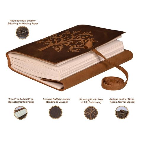 Handcrafted Leather Journal – Tree Embossed, Brown (7x5")