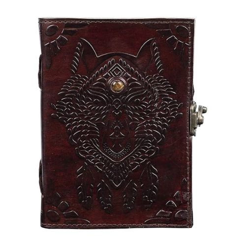 CraftShades- Handmade Leather Diary Embossed with star, journey &amp; double wolf Diary with Antique Lock for Artist Sketchbook, Scrapbook, Drawing, Writing etc .Size 5 * 7 inch (WOLF WITH STONE)