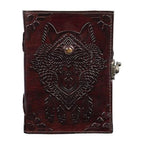 CraftShades- Handmade Leather Diary Embossed with star, journey &amp; double wolf Diary with Antique Lock for Artist Sketchbook, Scrapbook, Drawing, Writing etc .Size 5 * 7 inch (WOLF WITH STONE)