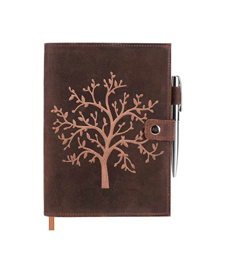 Craftshades Refillable Leather Journal Lined Notebook - Embossed Tree of Life, Handmade Genuine Leather Notebook for Men &amp; Women with Pen Holder