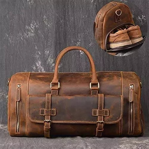 Buffalo Leather Duffle Bag with Shoes Compartment