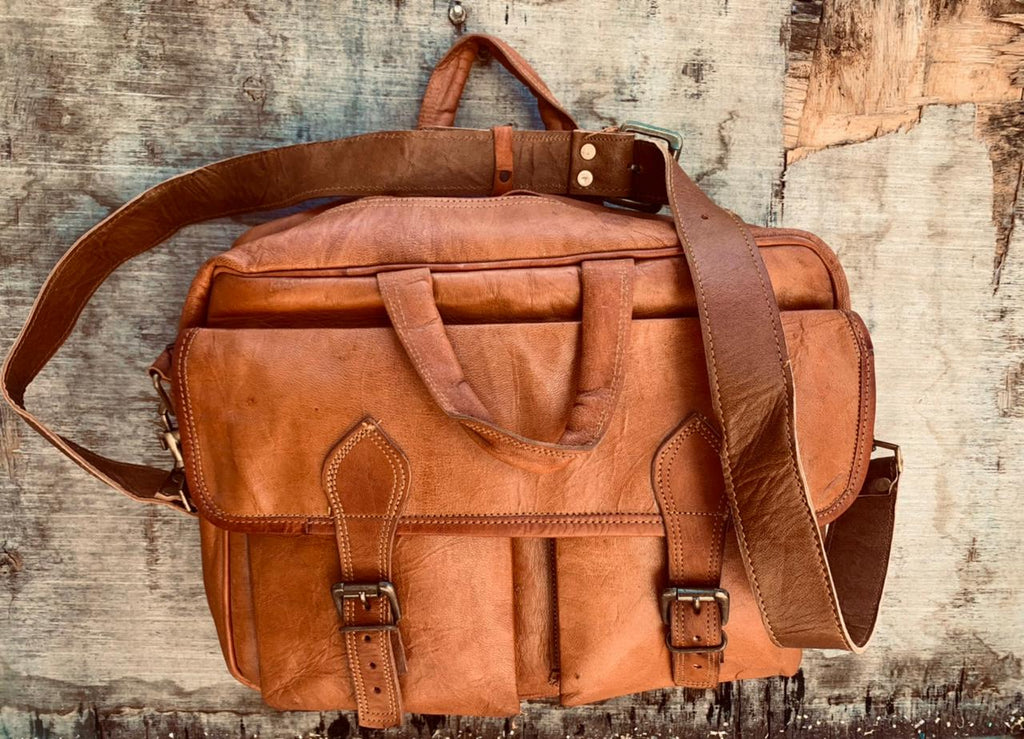 Craftshades - 11x15 Double Pocket Genuine Goat Leather Laptop Messenger